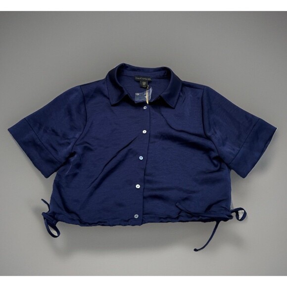 House of Harlow Women’s Navy Button Front Satin Boxy Shirt Side Tie NWT Medium - Picture 1 of 10